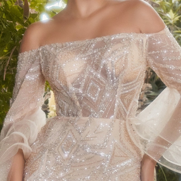 Champagne gold off the shoulder long sleeve floor length gown - Picture 2 of 15